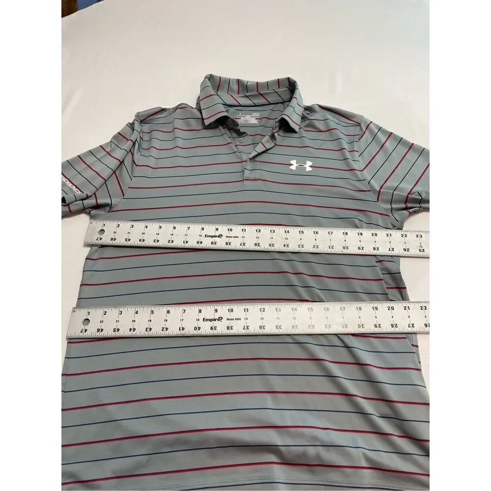 Under Armour Loose Heat Gear Grey Red Blue Stripe Short Sleeve Polo Shirt Size L